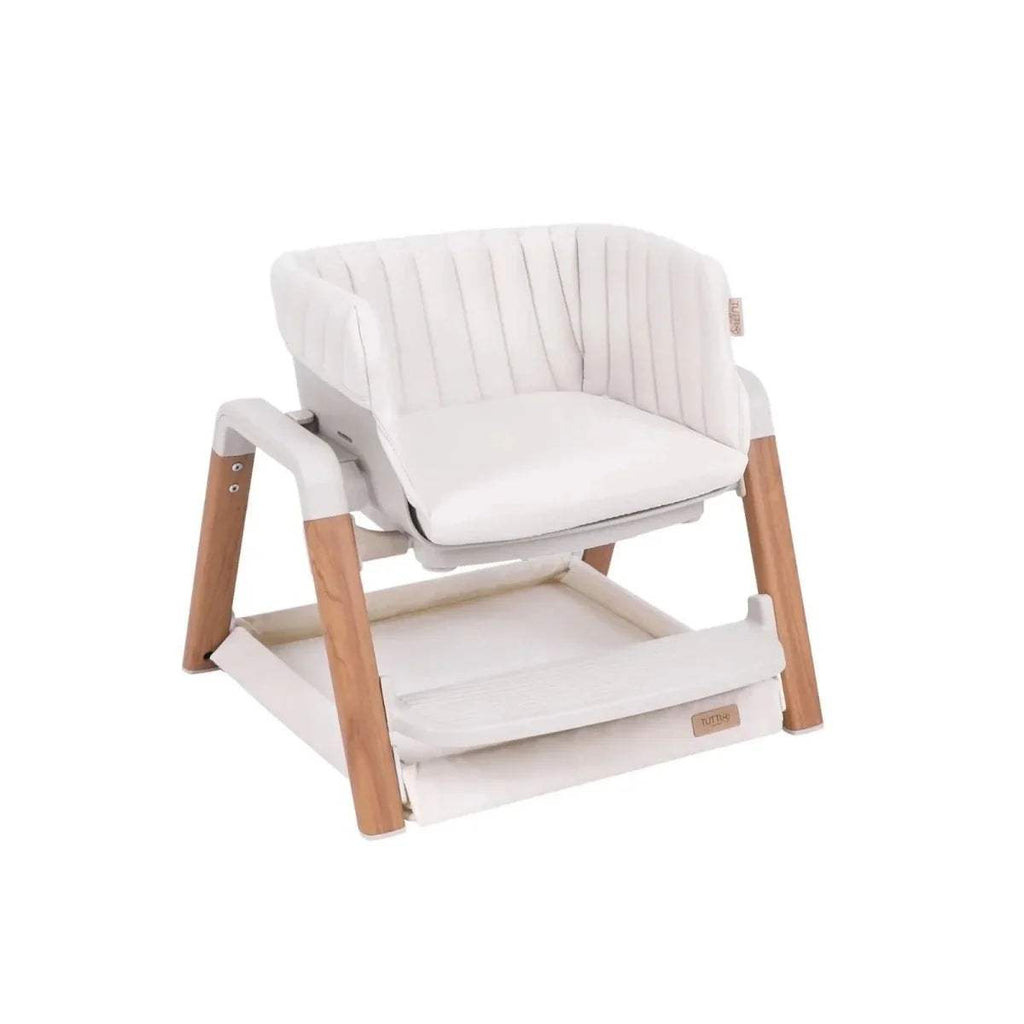 Tutti Bambini Nova highchair front view, ecru padded seat and back, light wood frame