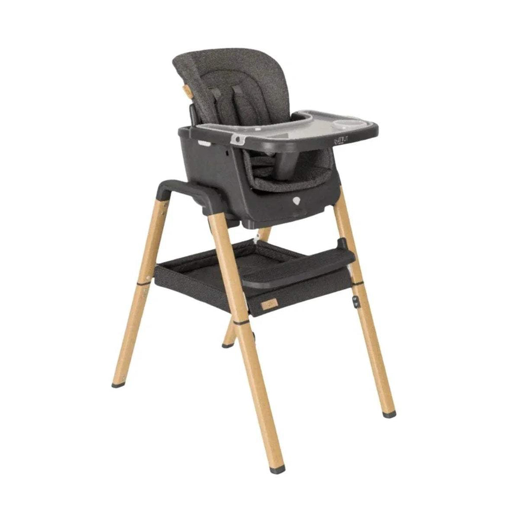 Grey fabric highchair with removable tray and light oak legs, front view.