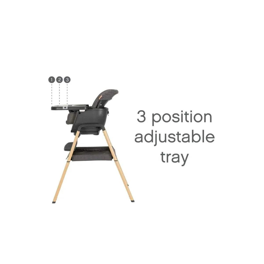 Grey highchair with raised tray and light oak legs, side view.