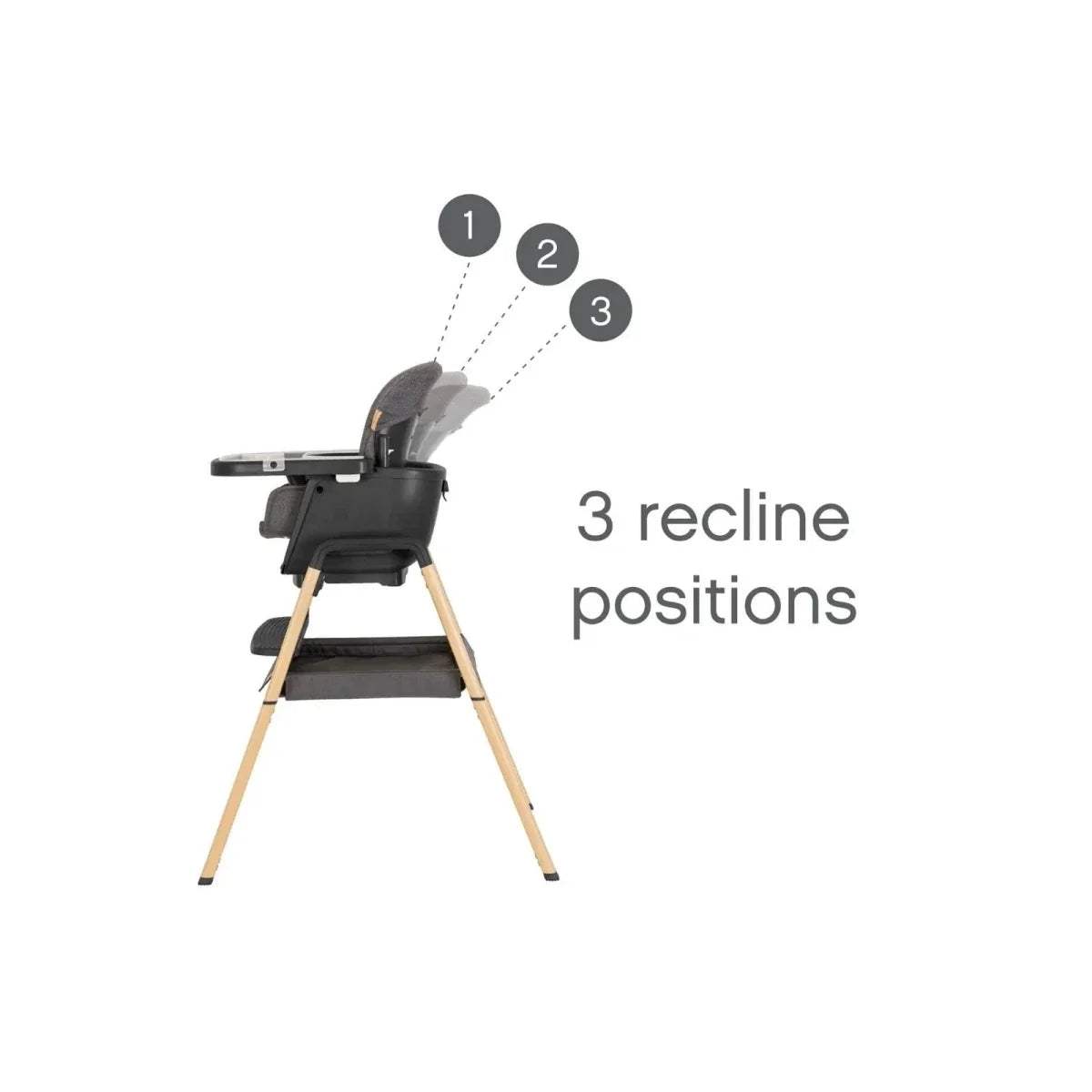 Grey highchair with reclined backrest and light oak legs, front-left view.