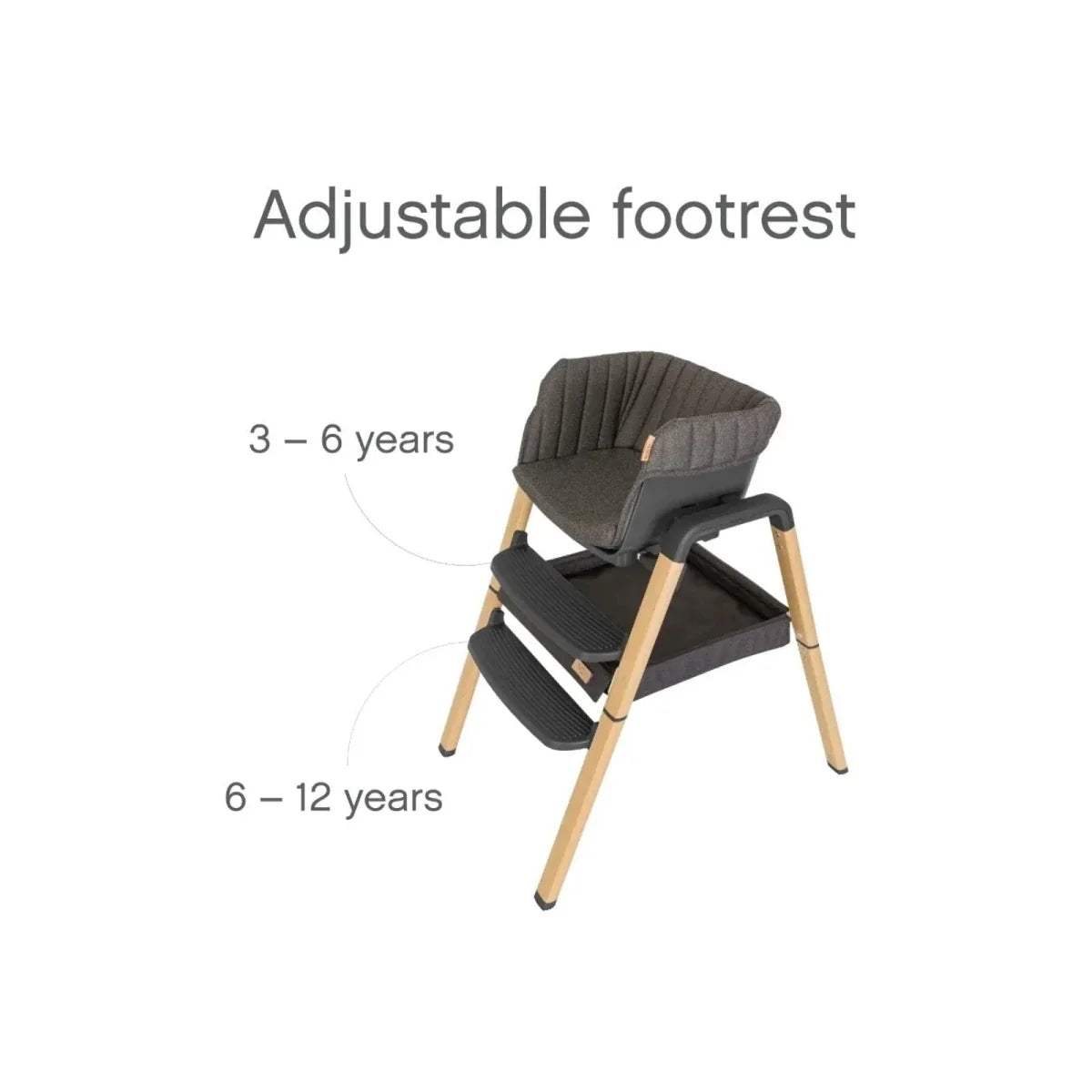 Grey highchair with adjustable footrest and light oak legs, side view.