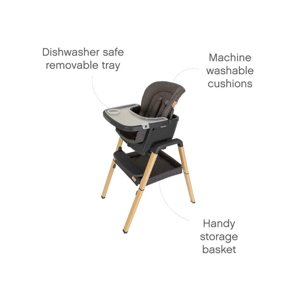Grey highchair with removable tray and light oak legs, angled view.