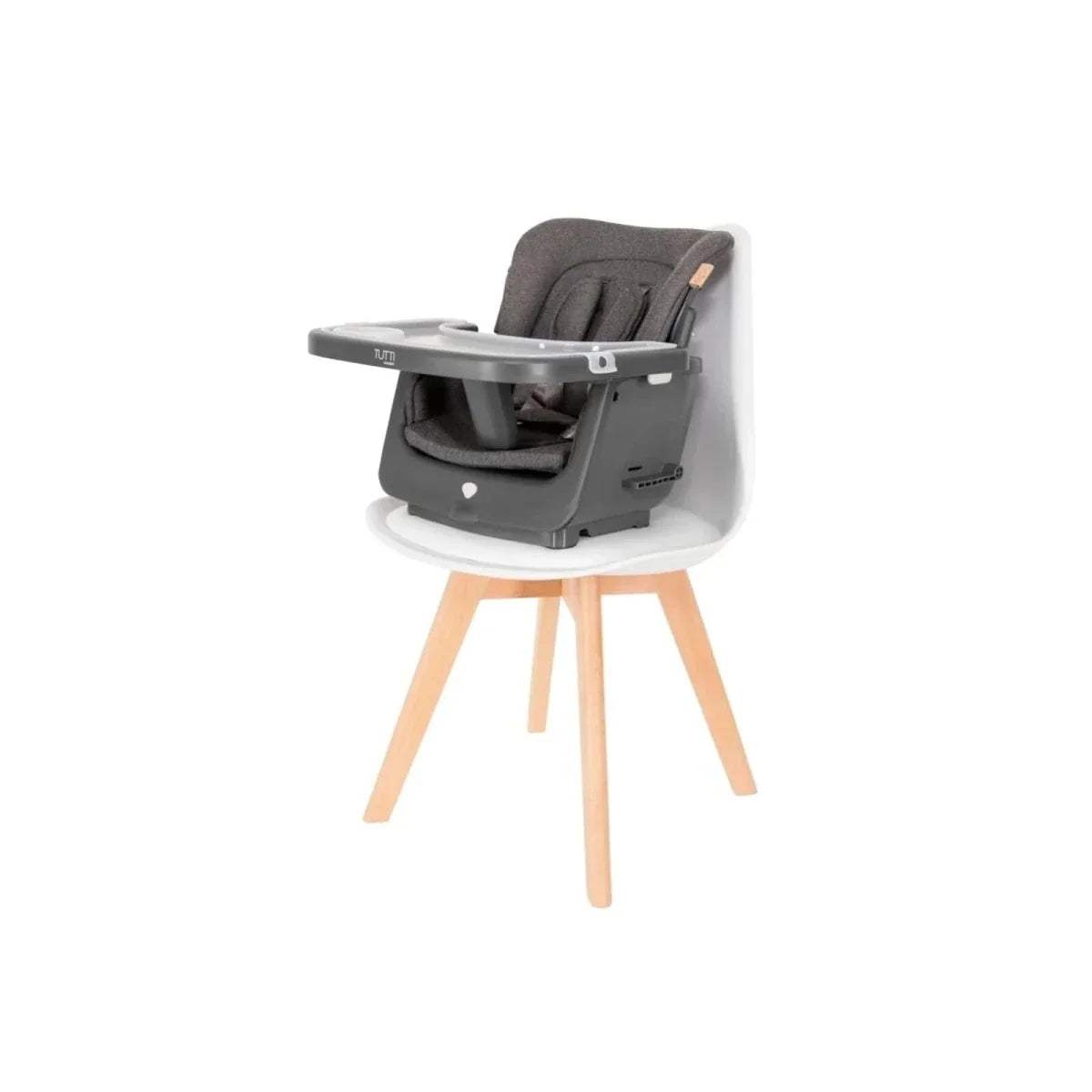 Grey highchair with padded seat cushion and light oak legs, front view.