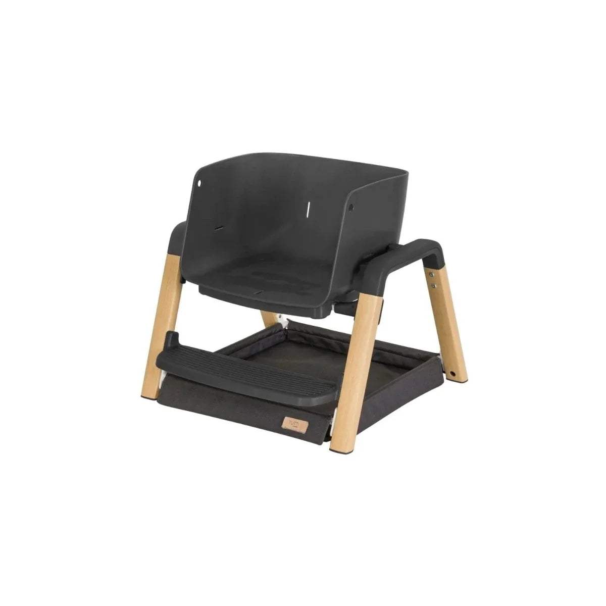Grey highchair with padded seat and reclined back, light oak legs, front view.