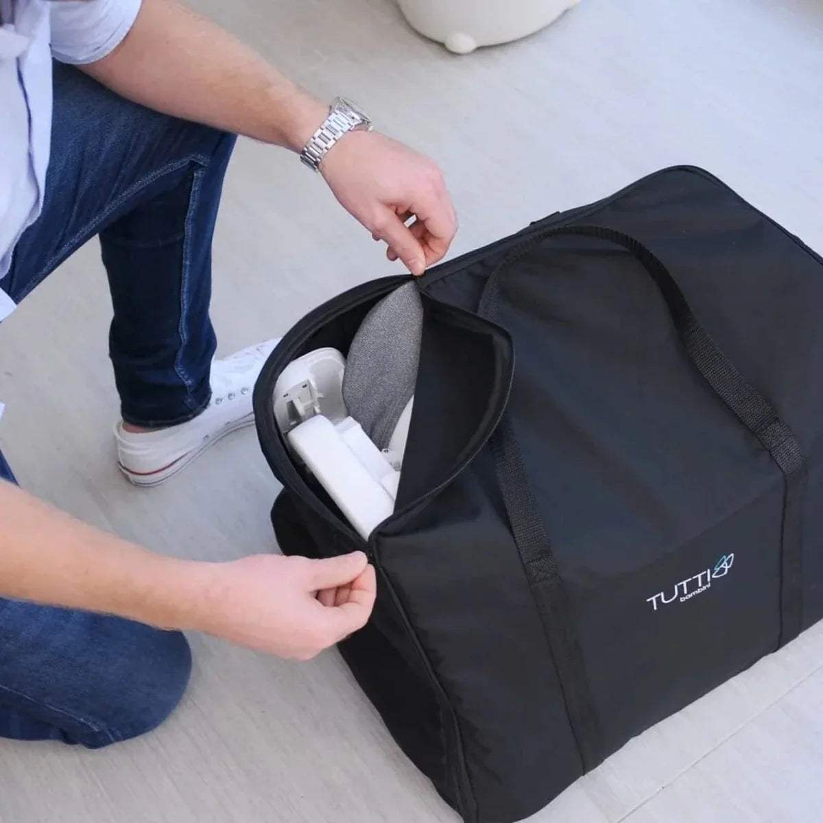 Tutti Bambini highchair carry bag, black with grey lining and zip top