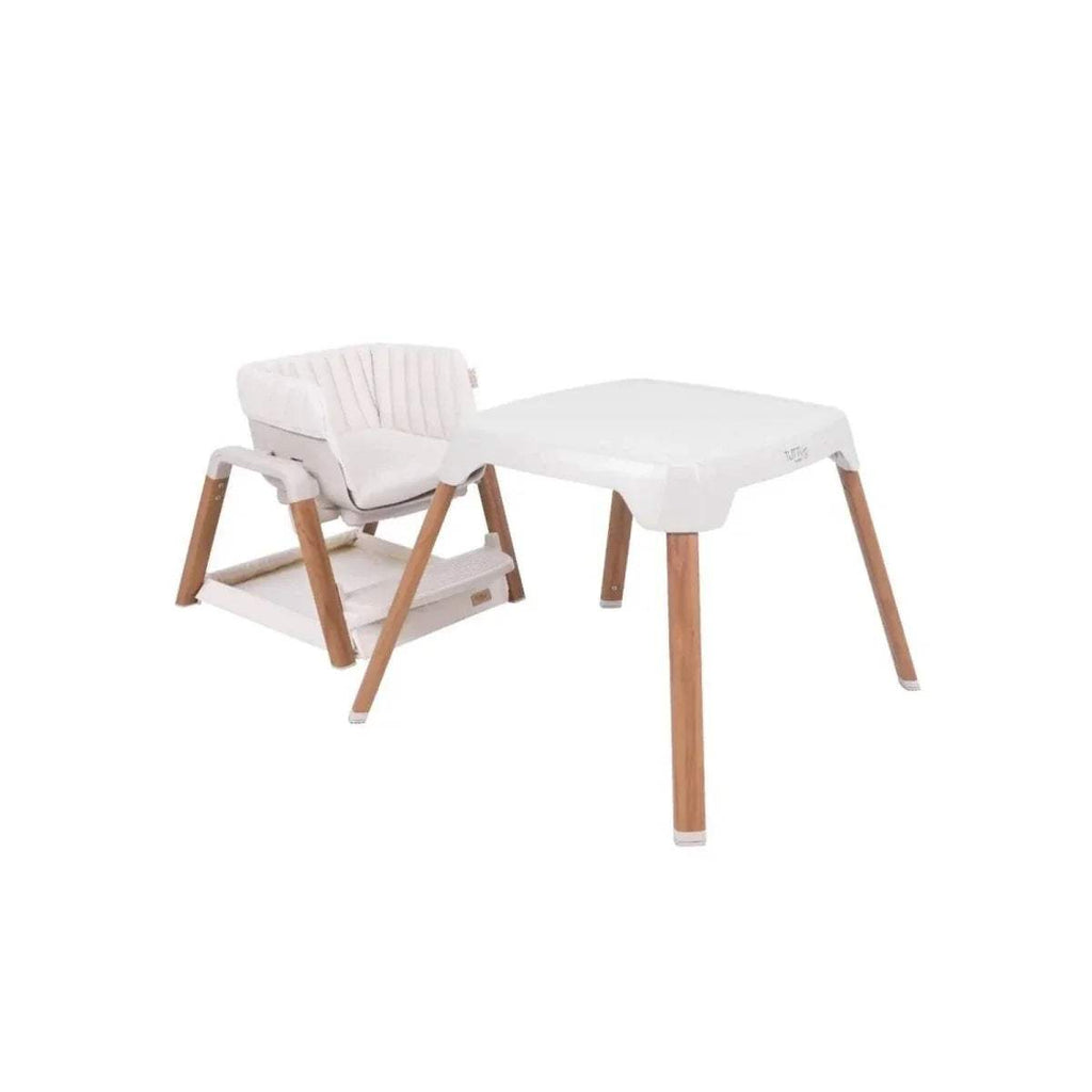 Highchair and toddler table set with white seat cushion and light wood legs
