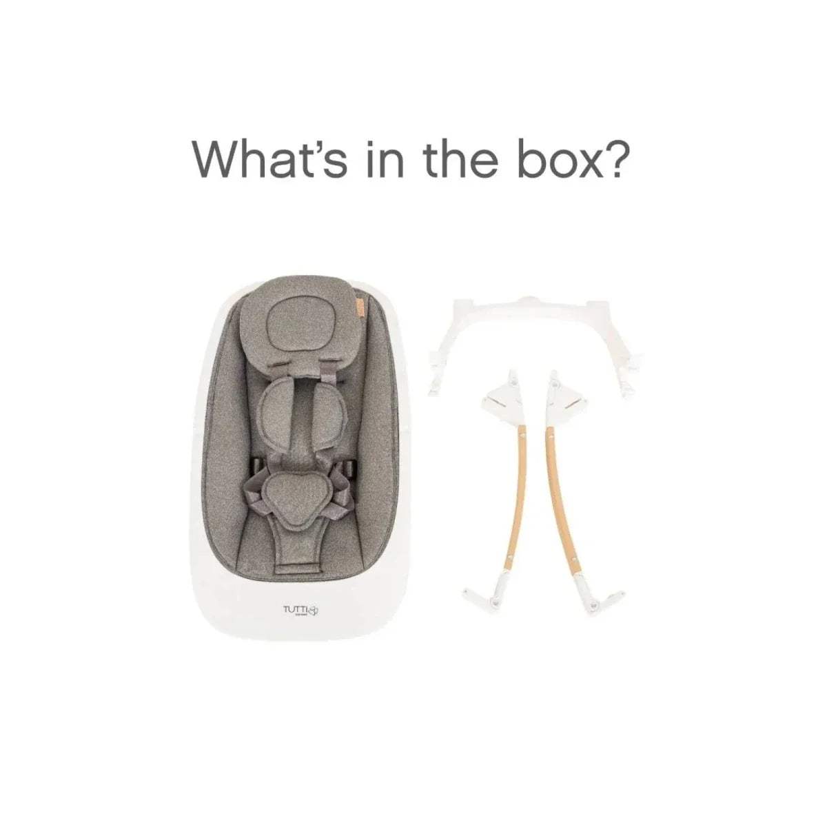 Seat insert and frame parts included, shown with grey infant padding