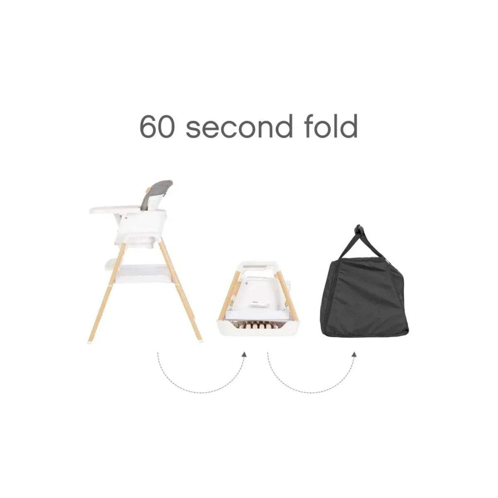White high chair folded for storage with tray and black travel bag