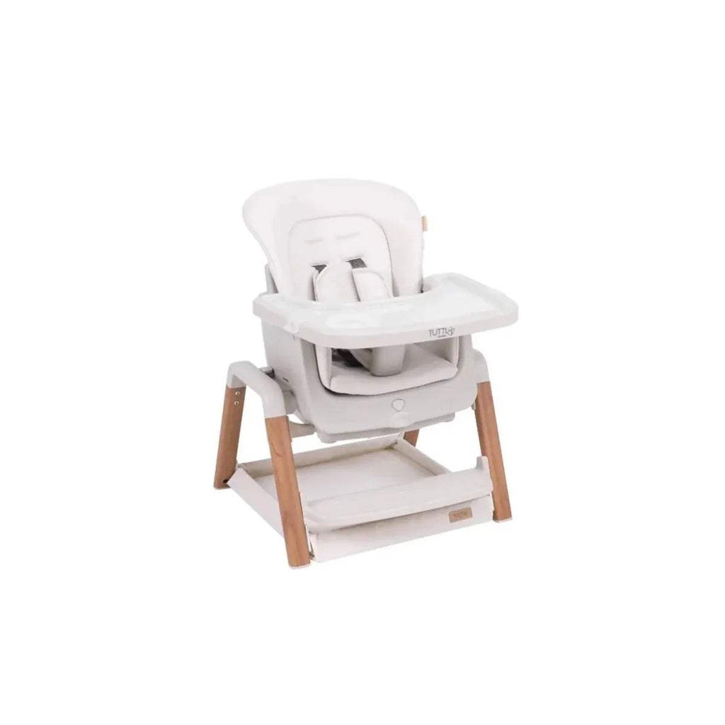 Ecru high chair with white seat and tray, light wood legs