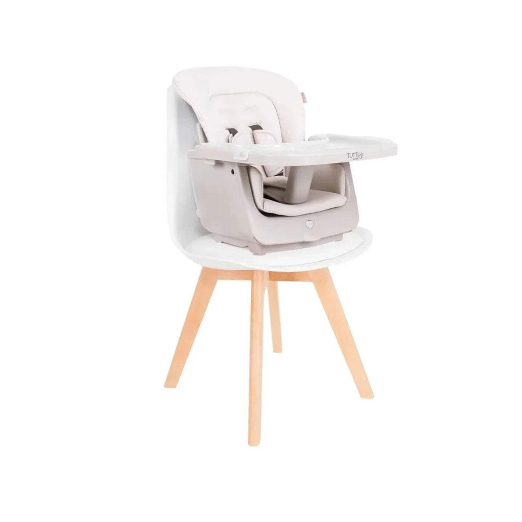 Ecru high chair with white seat and tray, light wood four legs