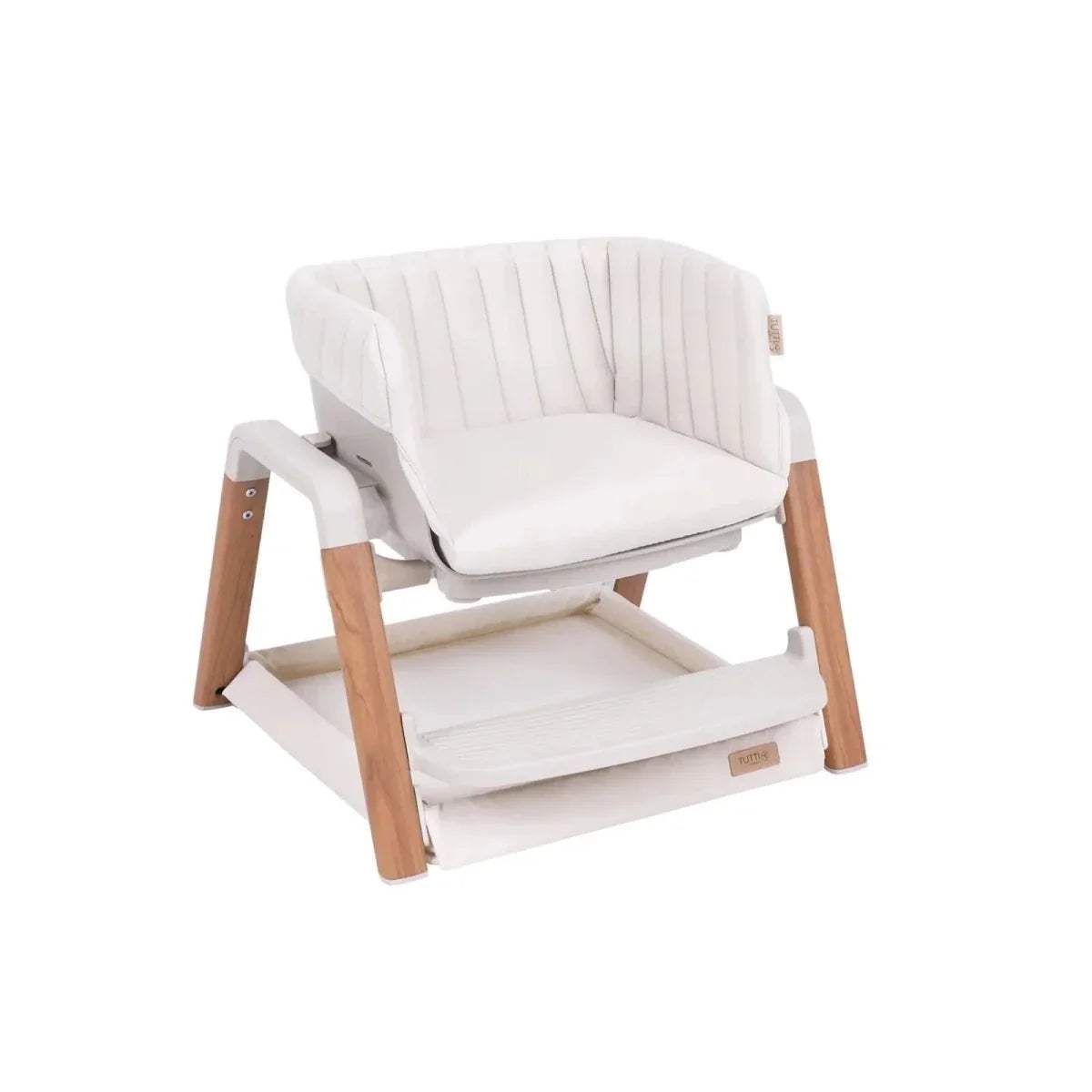 White high chair with padded backrest and seat, light wood legs and tray
