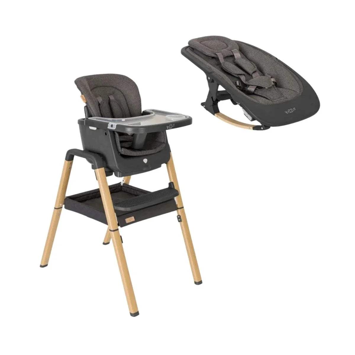 Grey high chair with padded seat, harness, and light oak legs