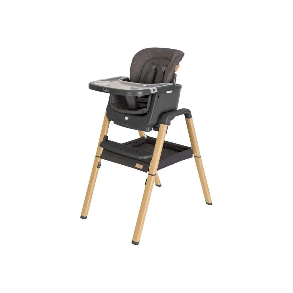 Grey high chair with tray, padded seat, harness, and light oak legs