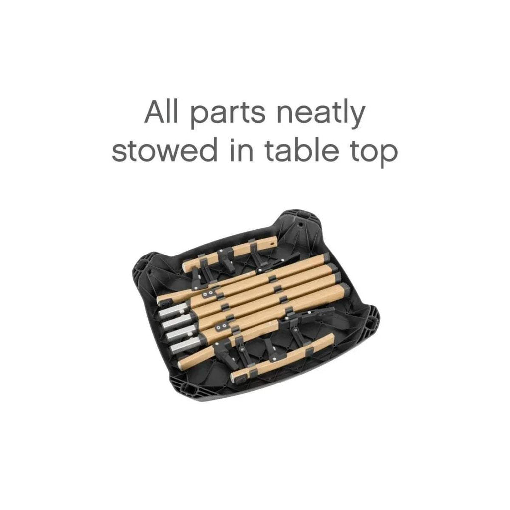 High chair parts packed neatly in a black storage tray cover
