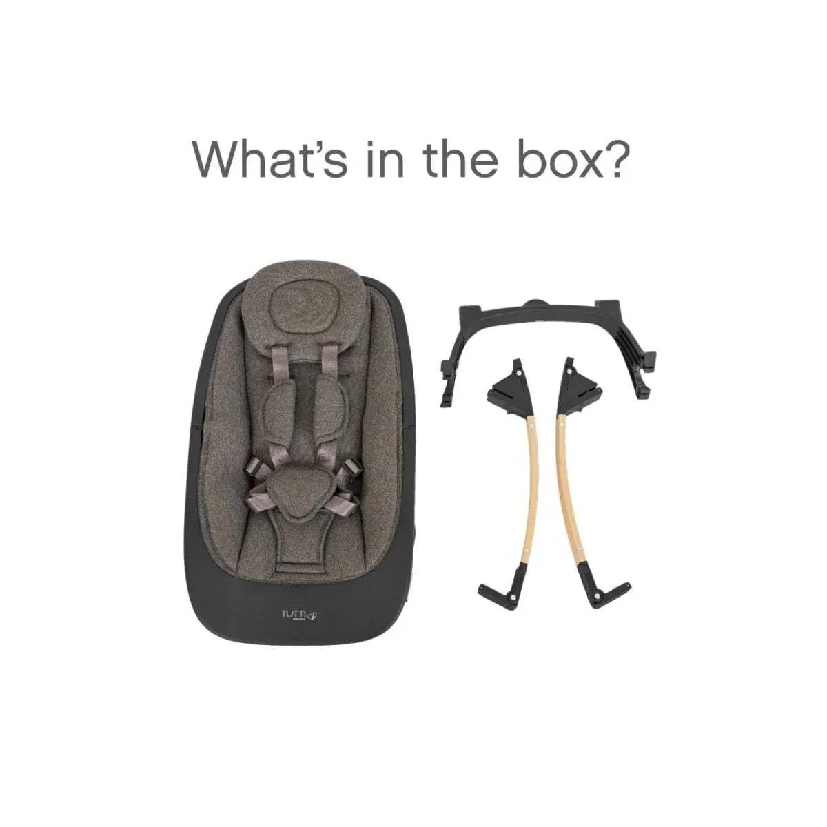 Grey seat pad with harness and included highchair frame pieces