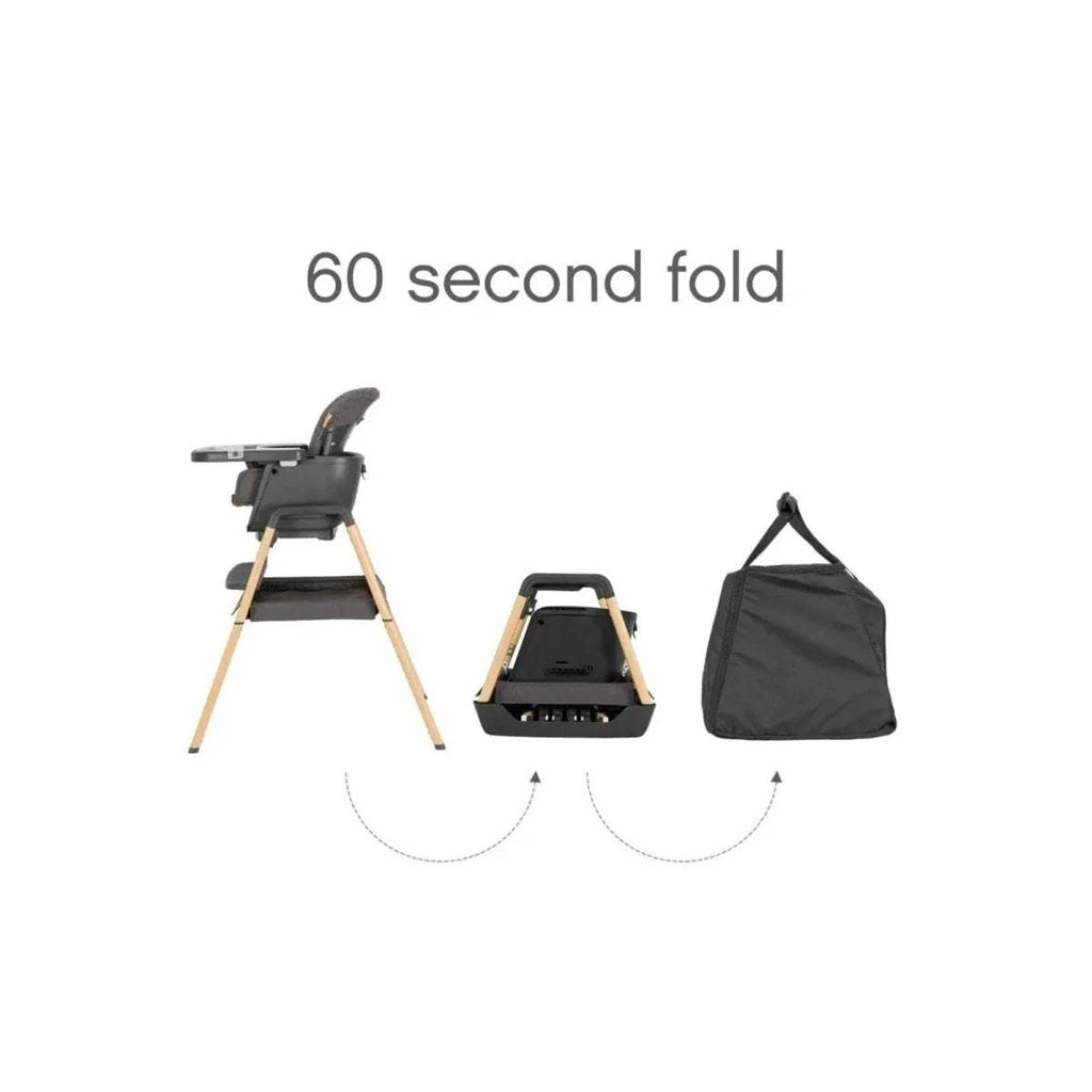 Grey and oak highchair with tray and black accessory carry bag (folding set)