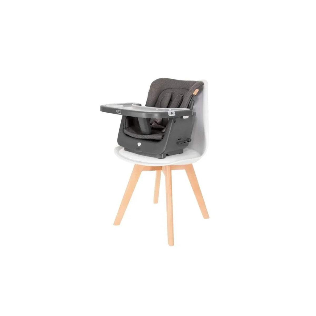 Grey upholstered highchair with tray and oak legs, shown in upright position