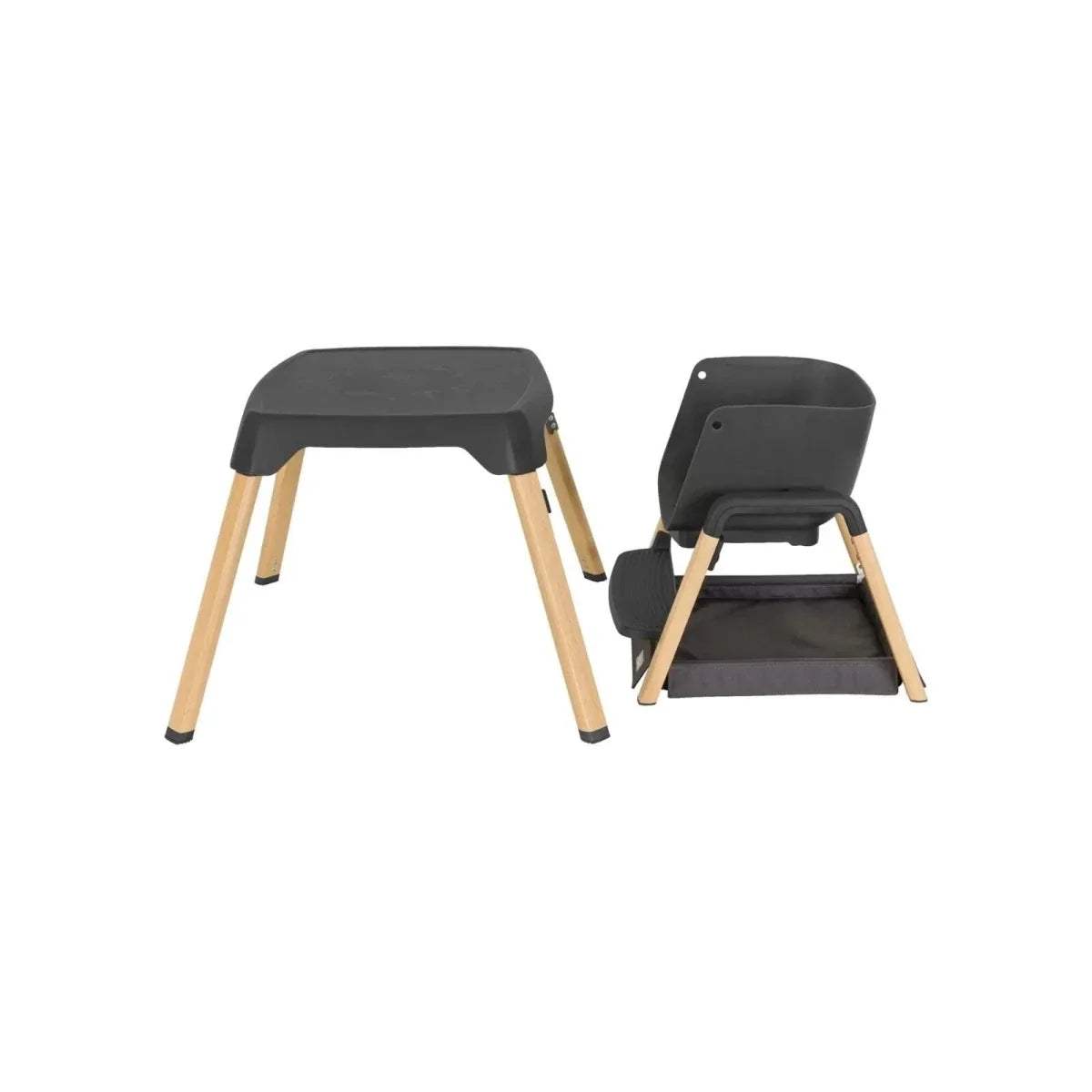 Grey highchair and matching seat pad, shown from front and side views