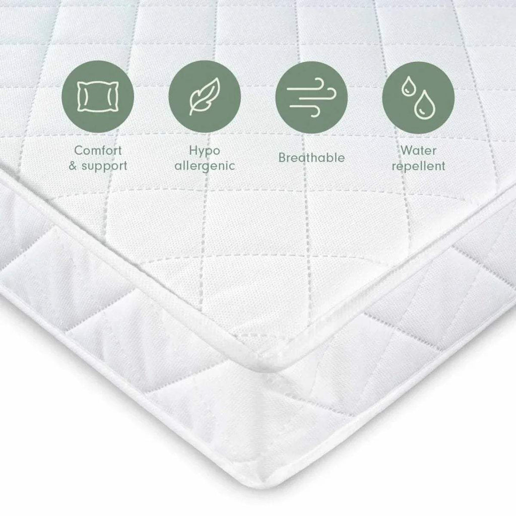 White quilted cot mattress cover with stitched grid and corner piping details