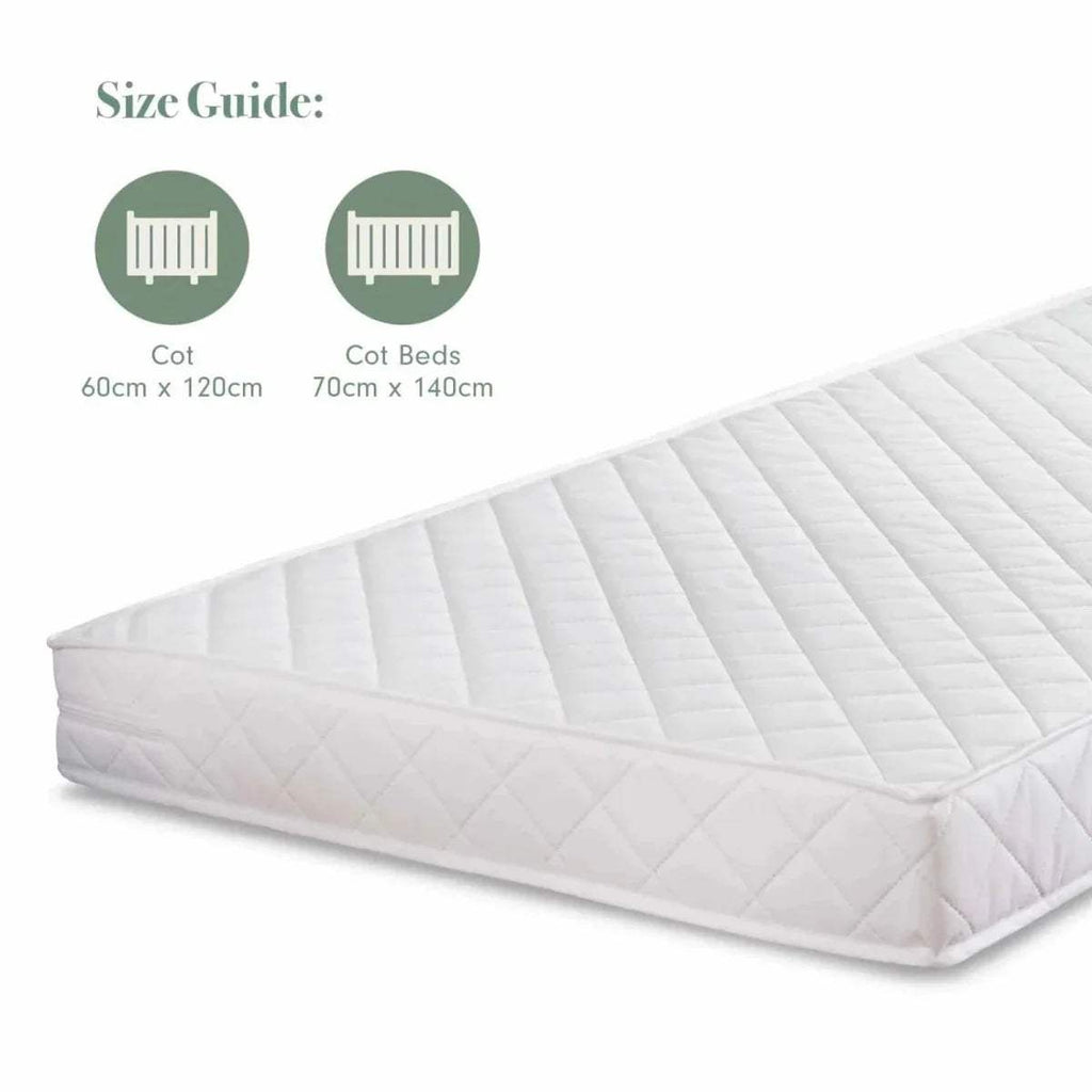 White quilted cot mattress top for 60x120cm with size guide for cot beds