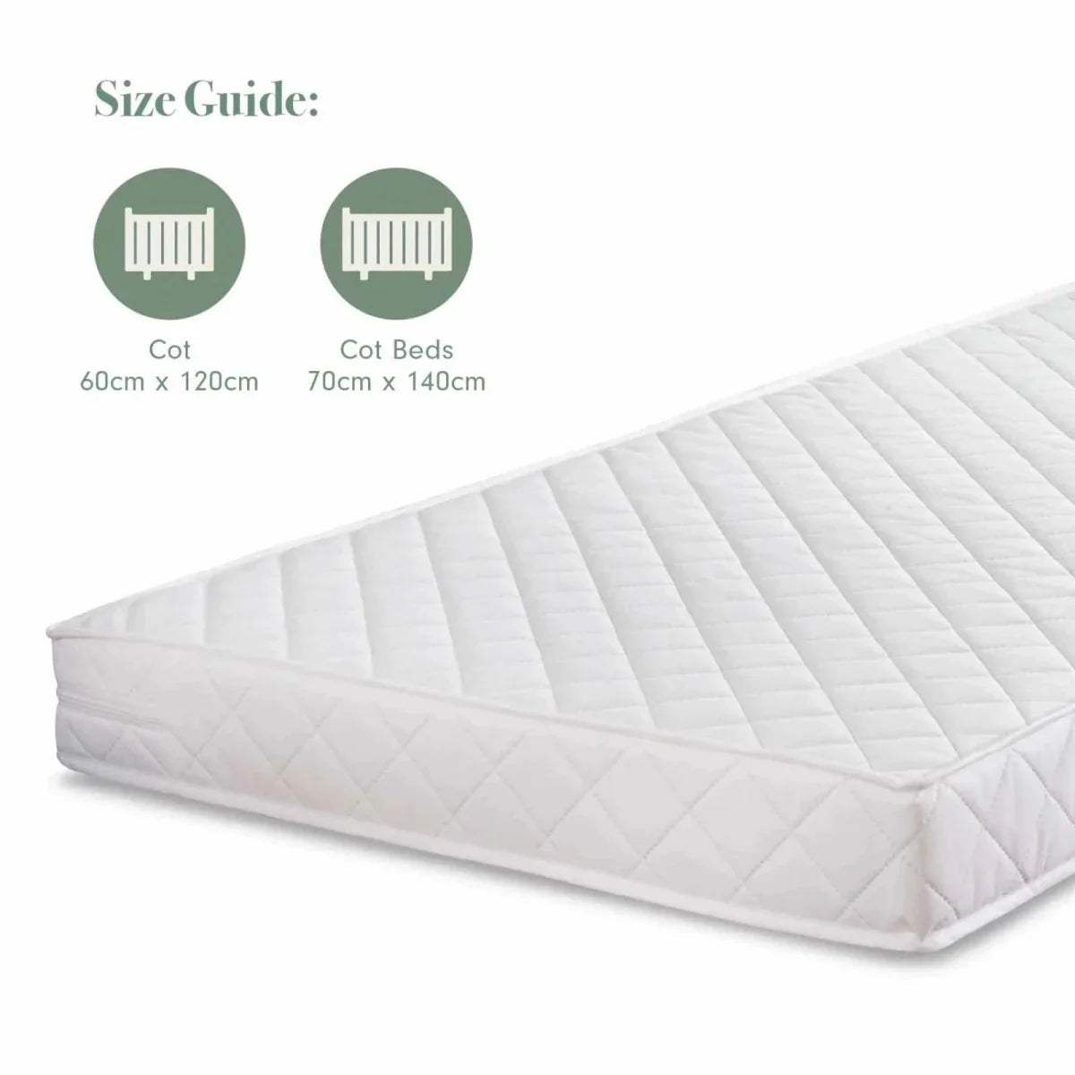 White quilted cot mattress top for 60x120cm with size guide for cot beds