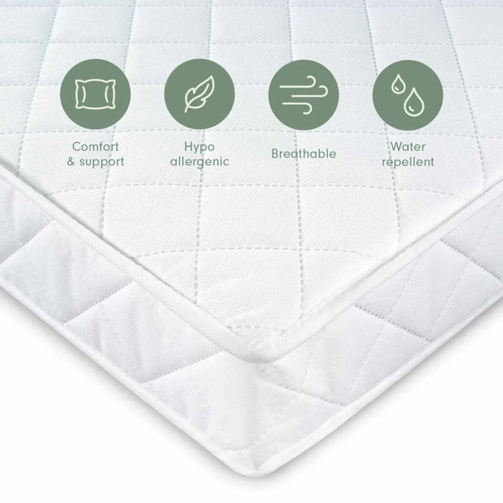 White quilted cot bed mattress corner with stitched channel pattern