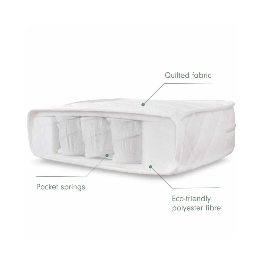 White pocket-spring cot bed mattress, quilted fabric and side thickness