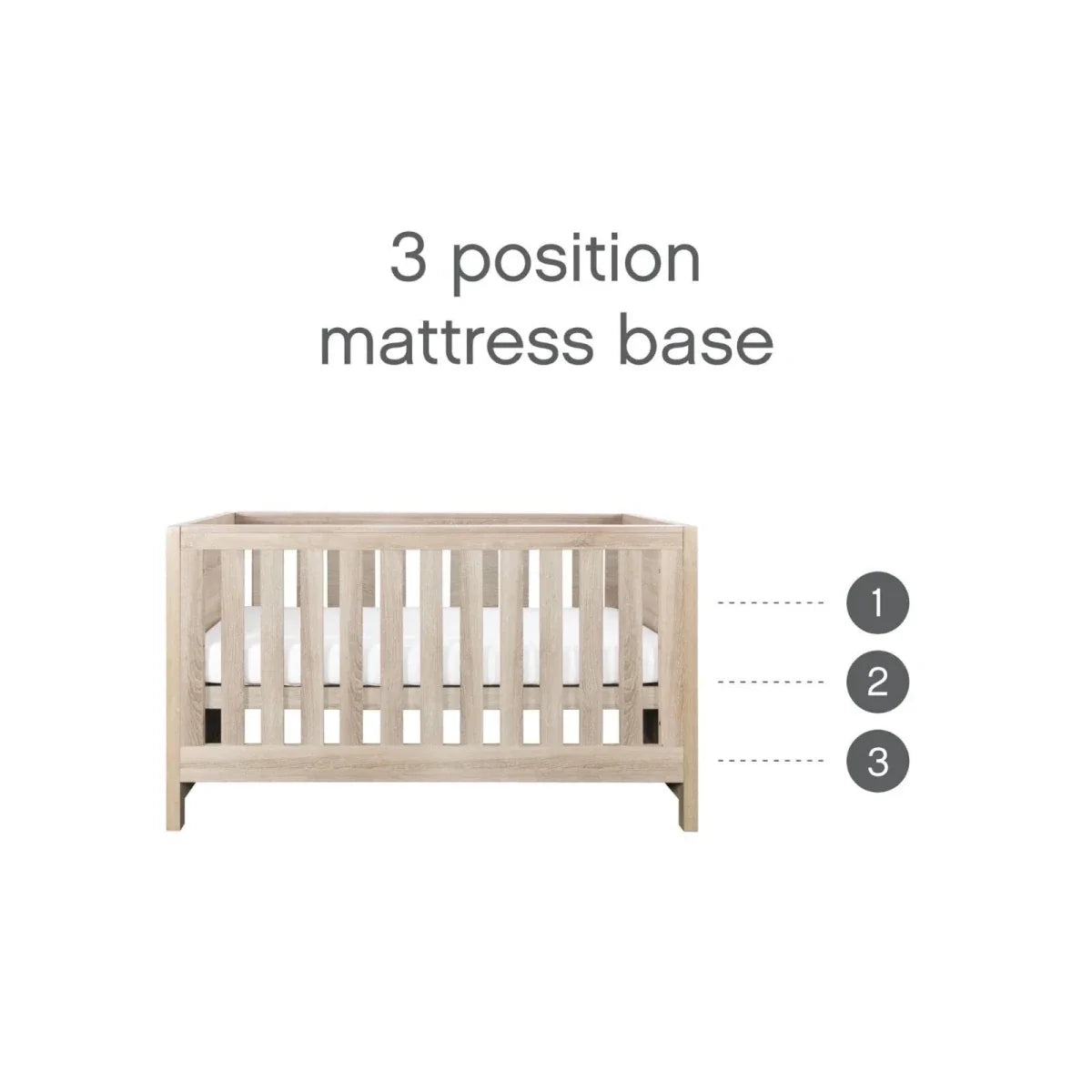 Light oak cot bed frame with vertical slats and three mattress base levels shown.