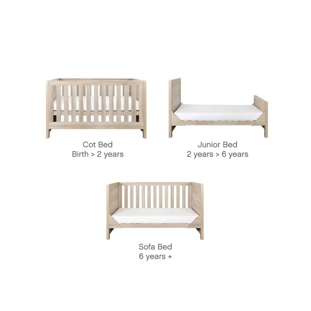 Convertible light oak bed set showing cot, junior, and sofa bed configurations.