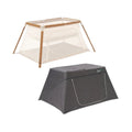 Baby playpen set with ecru and dark gray mesh sides and light wood frames.