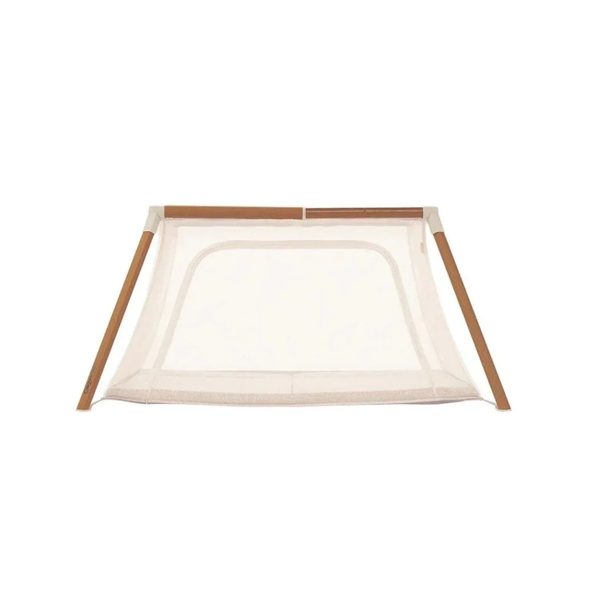 Ecru mesh playpen with light wood frame and rectangular front opening.