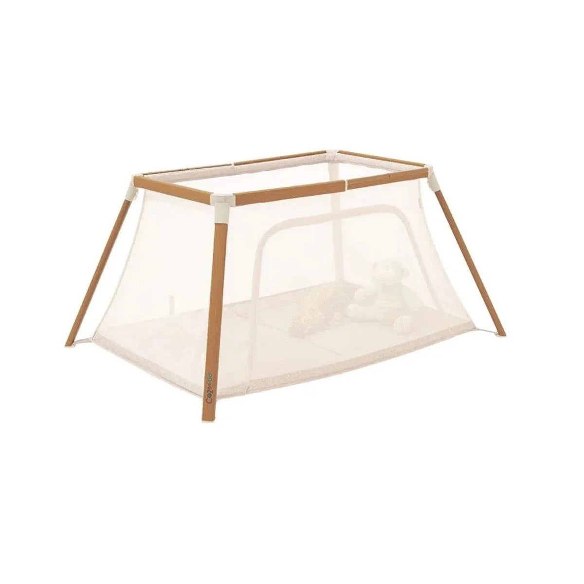 Ecru mesh playpen with light wood legs and transparent side panels.