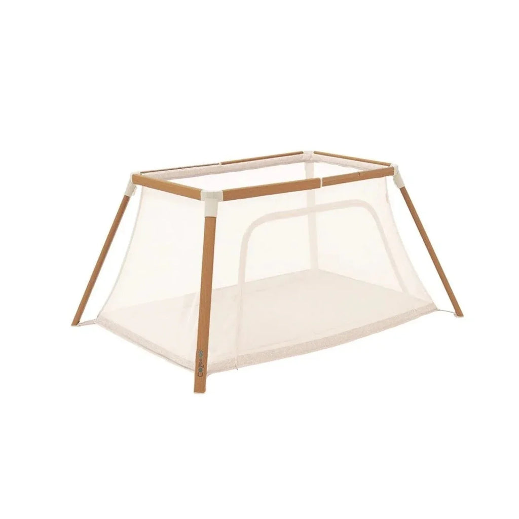 Ecru mesh playpen with light wood frame and curved side window panel.