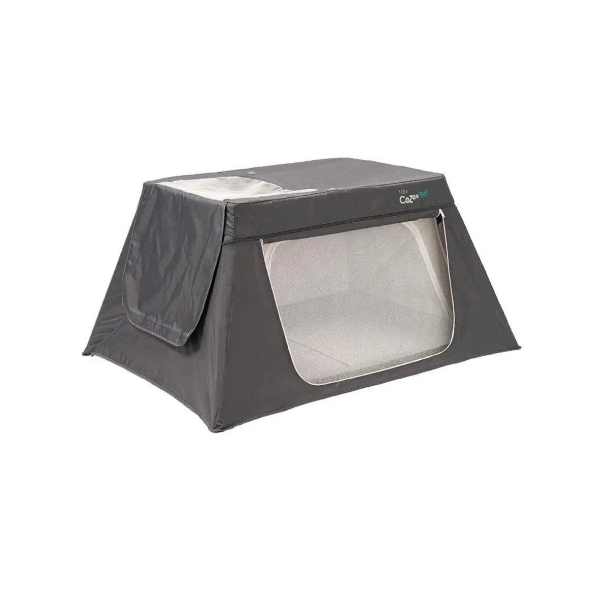 Dark gray playpen with mesh viewing panel, fabric roof, and side flap.