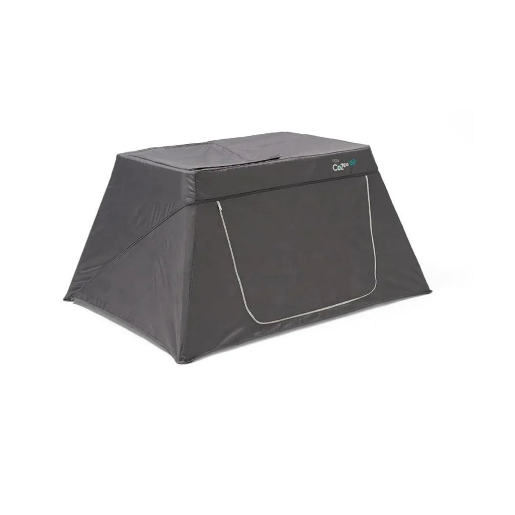 Dark gray mesh playpen with fabric canopy and front zippered-style panel.
