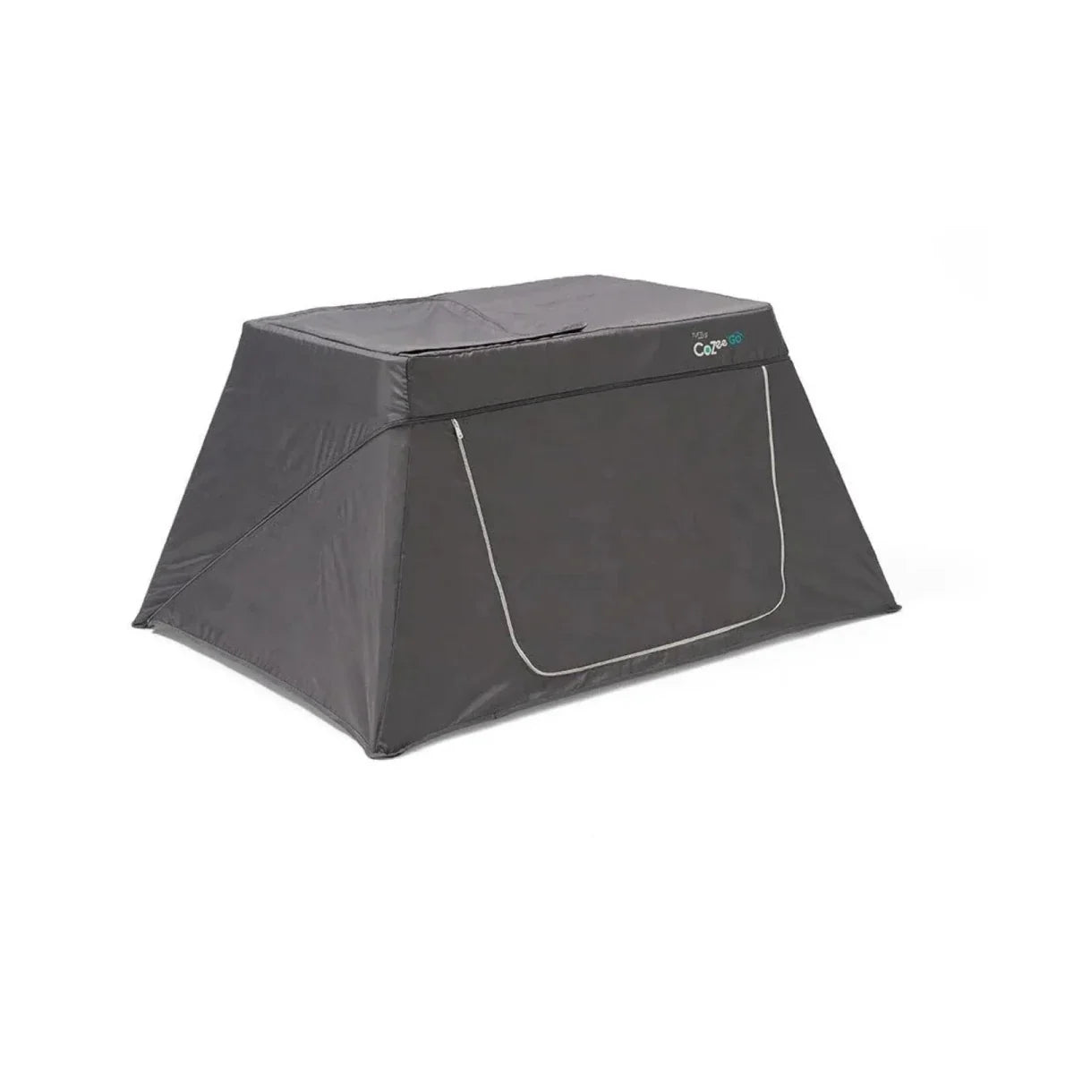 Dark gray mesh playpen with fabric canopy and front zippered-style panel.