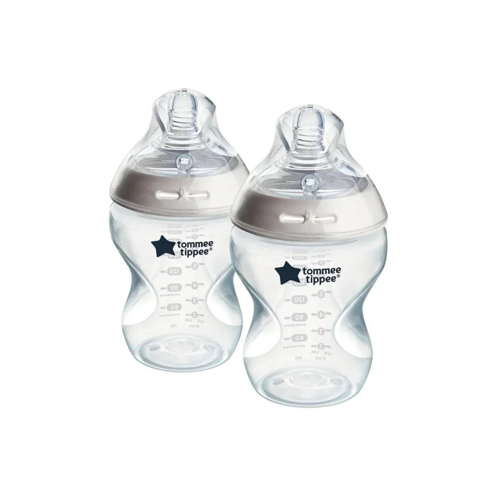 Pair of clear baby bottles with grey anti-colic valves and teats, 260 ml, BPA-free