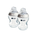 Pair of clear baby bottles with grey anti-colic valves and teats, 260 ml, BPA-free