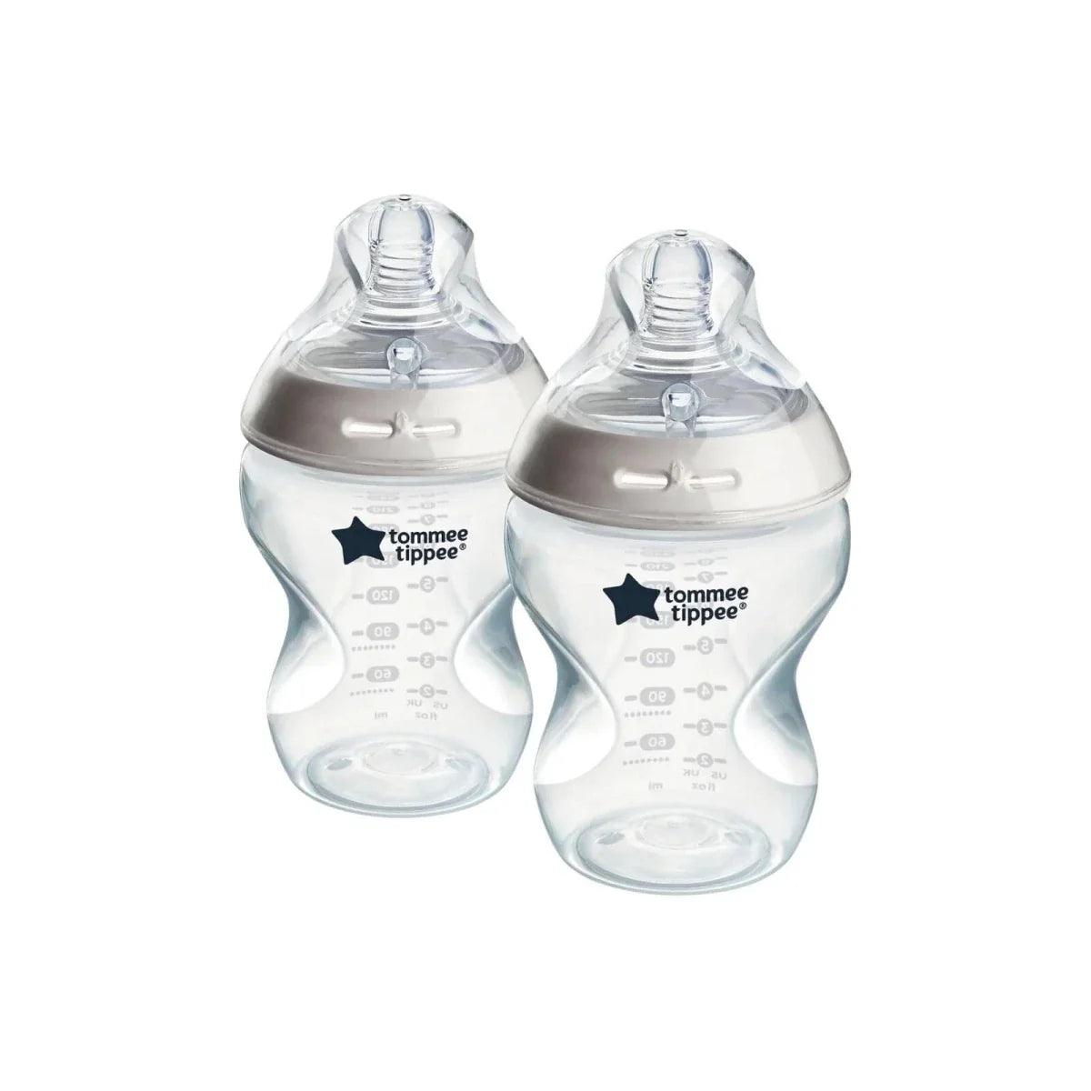 Pair of clear baby bottles with grey anti-colic valves and teats, 260 ml, BPA-free