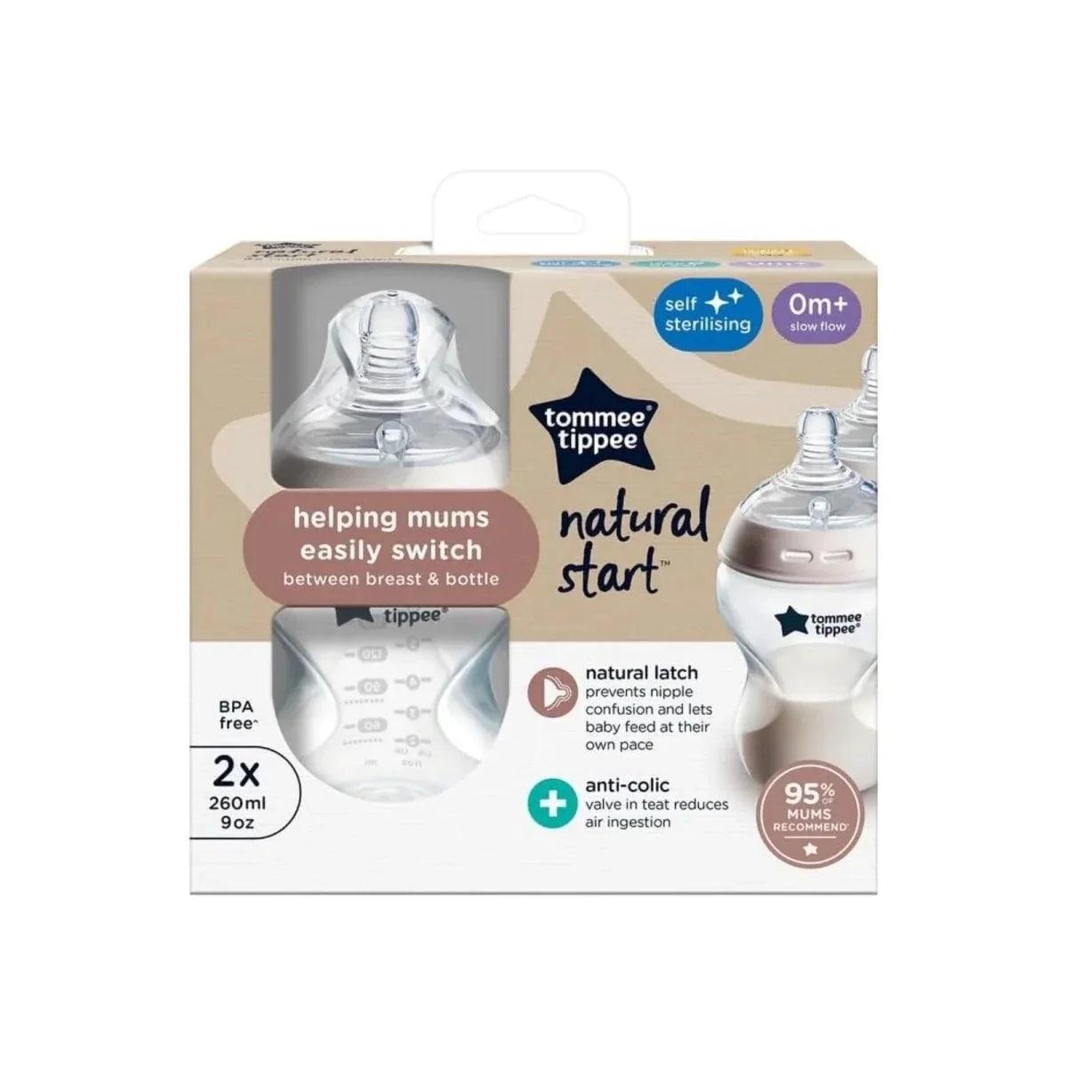 Tommee Tippee baby bottle 2-pack box with illustrated bottles and 0m+ label