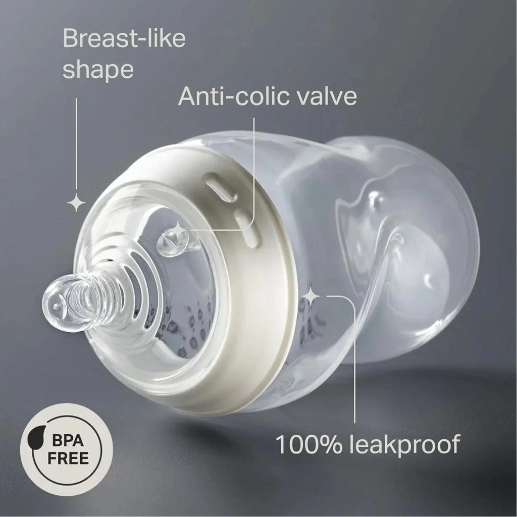 Clear baby bottle with breast-like shape and anti-colic valve, 100% leakproof