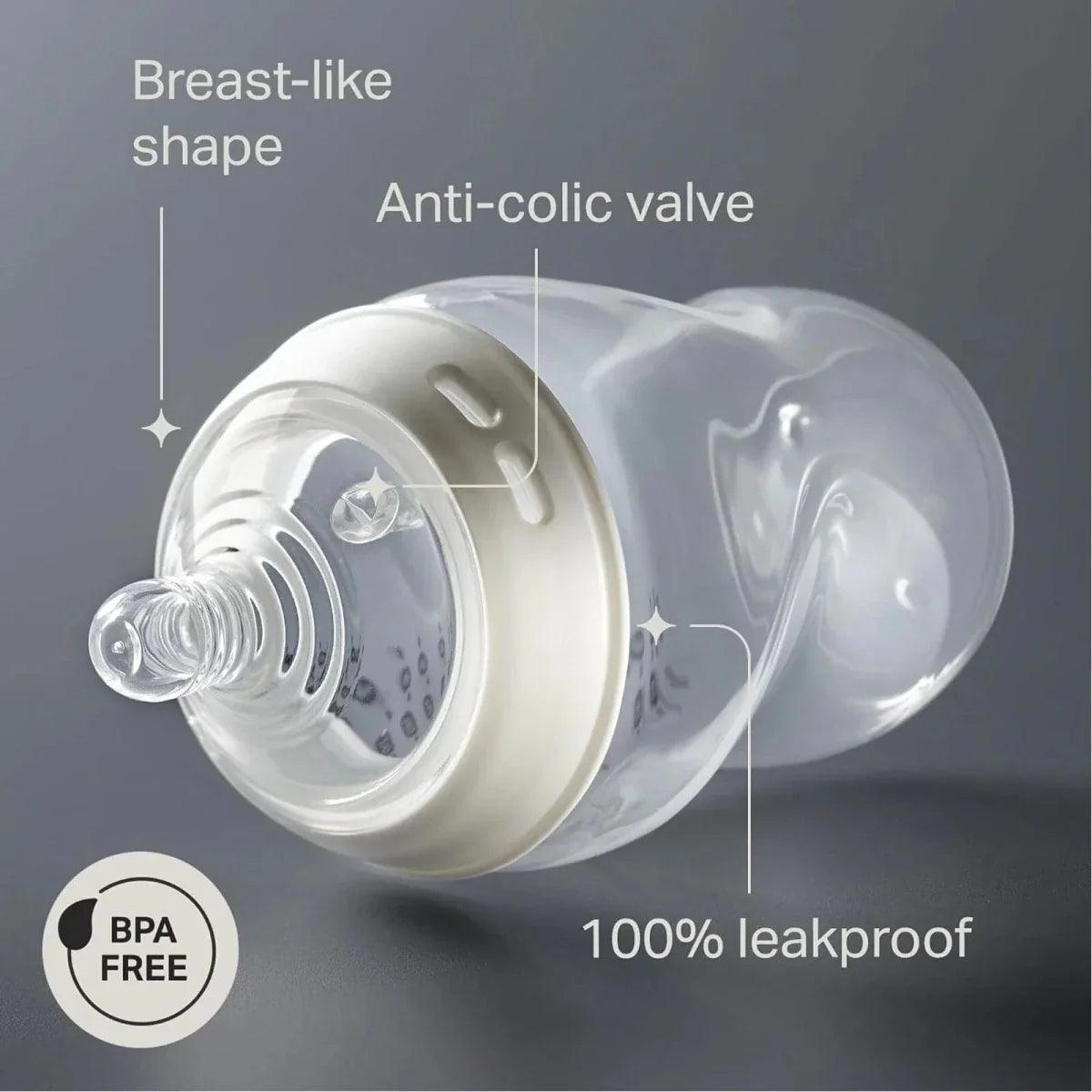 Clear baby bottle with breast-like shape and anti-colic valve, 100% leakproof