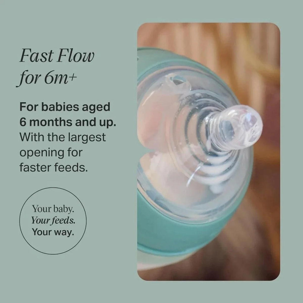 Fast flow baby bottle teat on clear nipple with protective shield