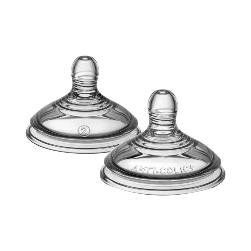 Tommee Tippee anti-colic medium flow bottle teats, clear silicone, 2-pack