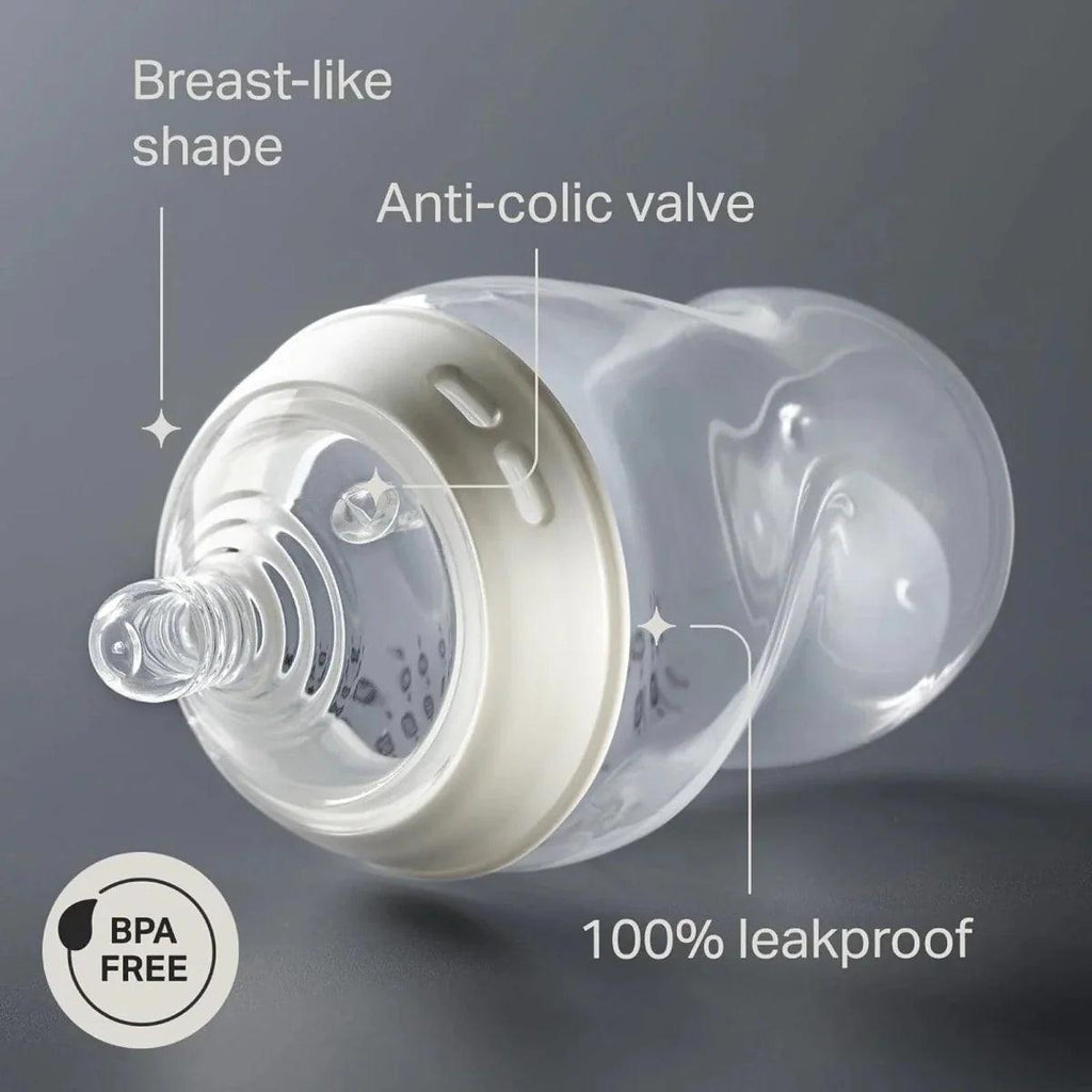 Anti-colic valve baby bottle with soft teat; BPA-free and 100% leakproof design