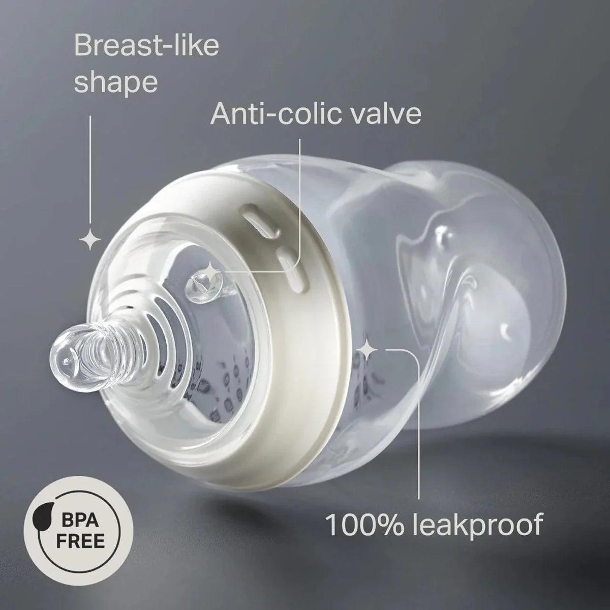 Anti-colic valve baby bottle with soft teat; BPA-free and 100% leakproof design