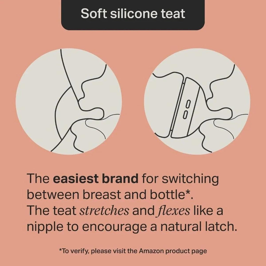 Soft silicone teat baby bottle designed to stretch and flex like a nipple