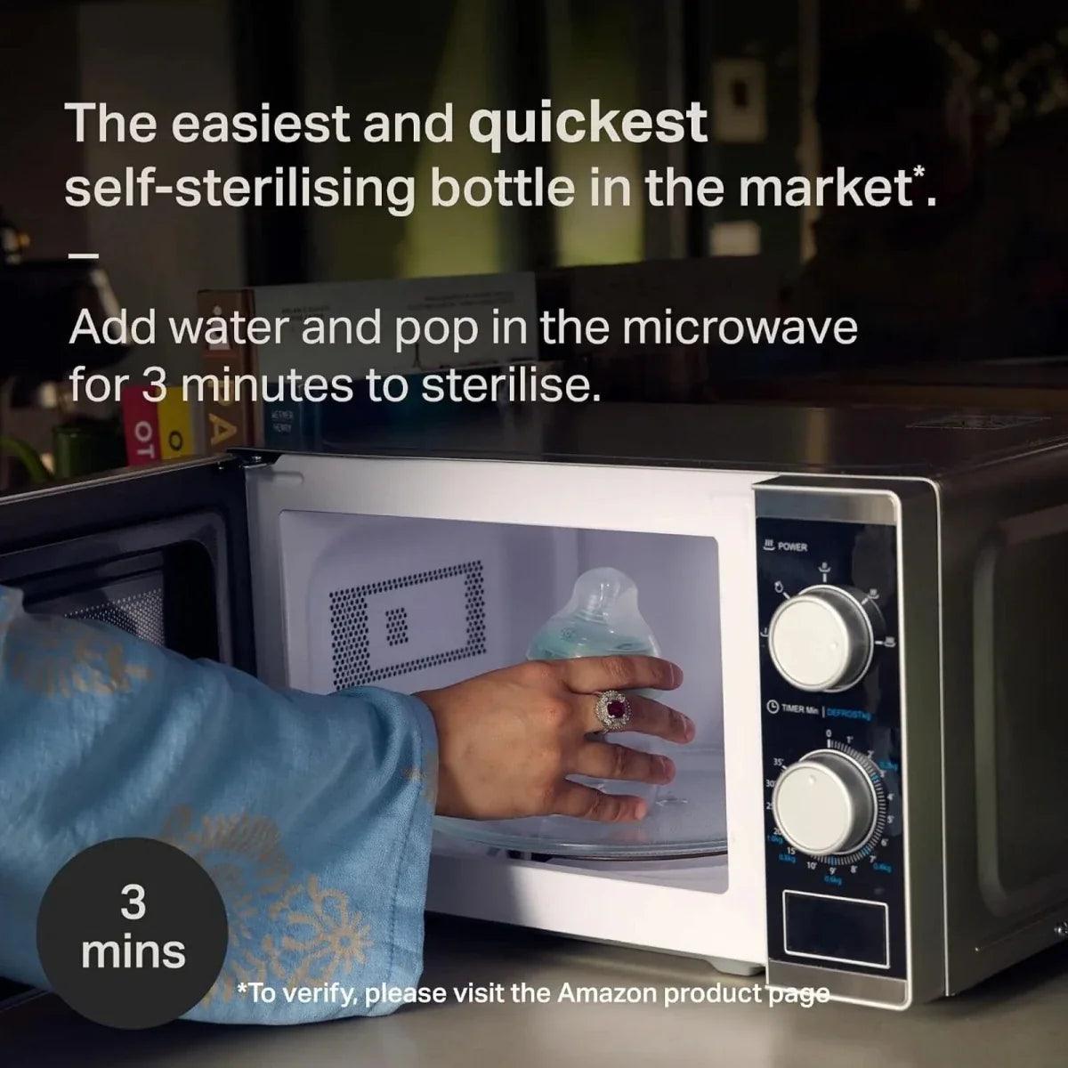 Self-sterilising baby bottle shown ready for microwave sterilising