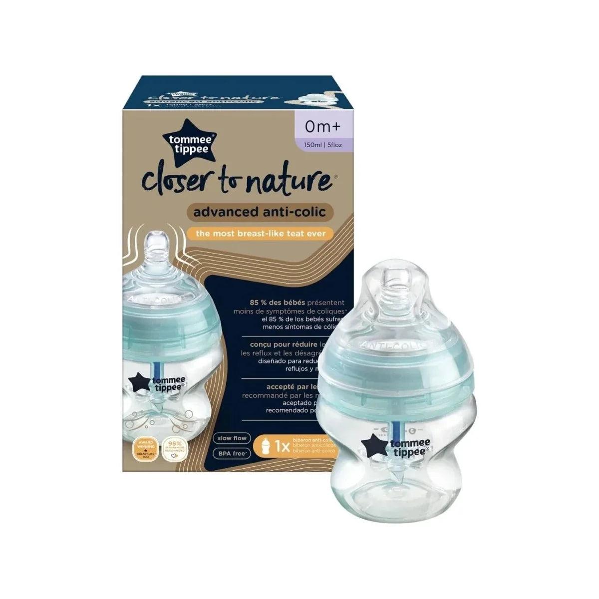 Tommee Tippee 150ml advanced anti-colic baby bottle shown with product box