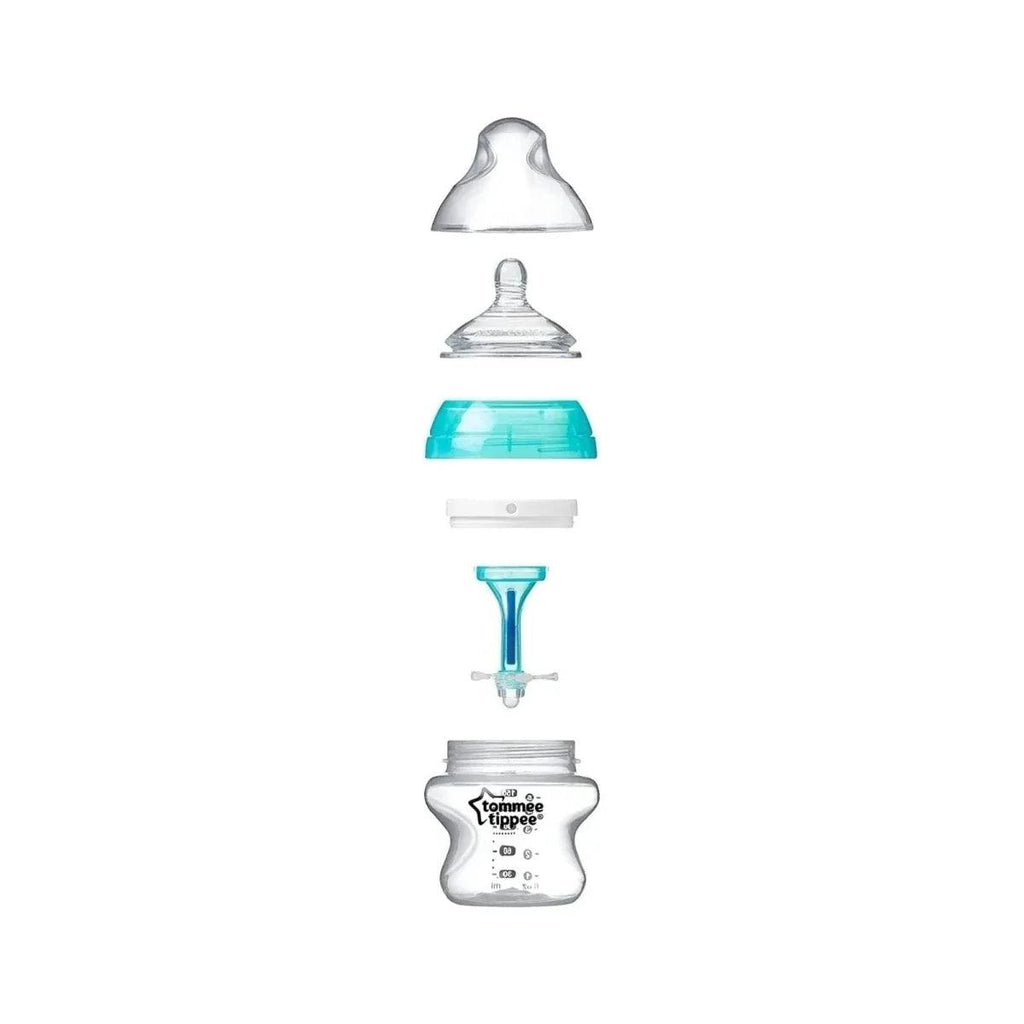 Tommee Tippee 150ml anti-colic bottle parts diagram with aqua teat cap